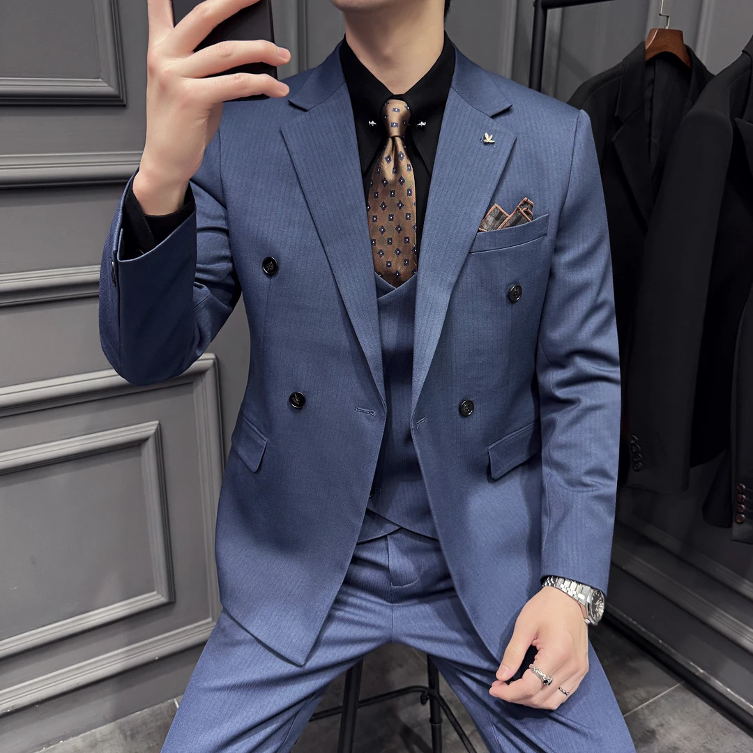 高档雾蓝戗驳领西装套装礼服男韩版帅气百搭商务休闲结婚新郎礼服