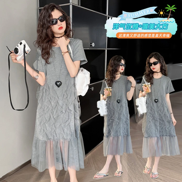 法式时尚夏装裙子新款爆款柒月款不规则网纱花边恤裙洋气时髦童装