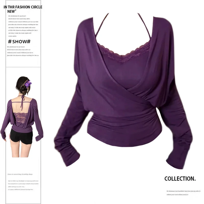 纯欲风V领收腰长袖T恤女春夏季修身蕾丝挂脖吊带上衣两件套时尚