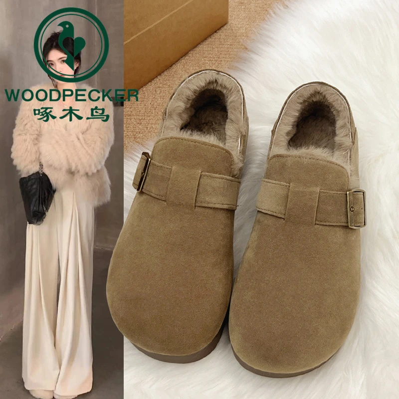 啄木鸟加绒全包复古勃肯鞋女秋冬季2025新款一脚蹬单鞋毛毛雪地靴