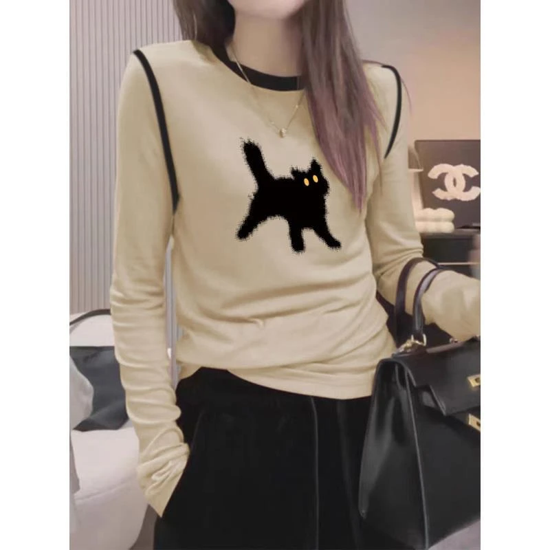 设计感正肩撞色长袖德绒磨毛T恤女秋冬遮肚子显瘦别致打底衫上衣