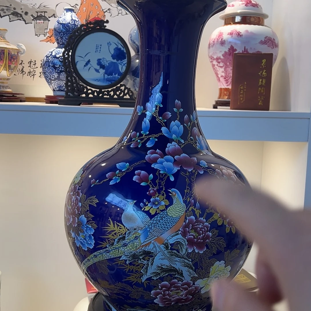 王***平摆件陶两个60cm蓝锦鸡赏瓶