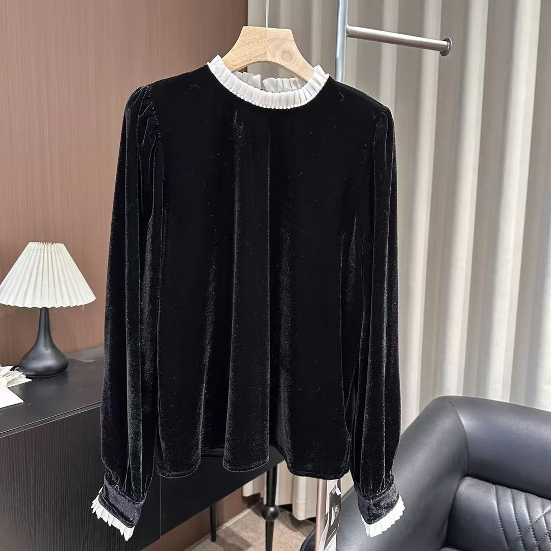 法式黑色丝绒上衣女秋冬2026新款保暖木耳边立领洋气衬衫
