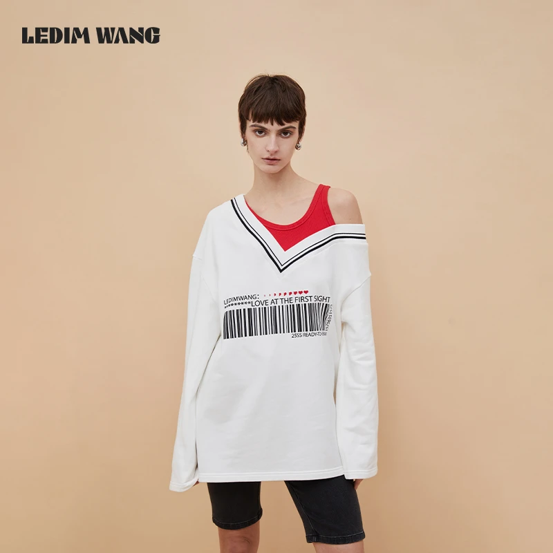 1LEDIM WANG叠穿假两件撞色印花T恤情人节白色斜肩V领长袖慵懒风