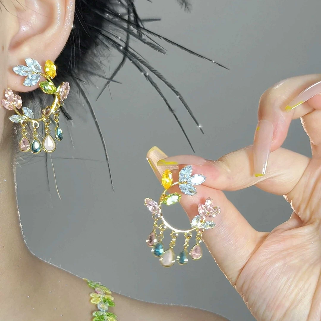 铜合金耳饰 油画风花朵流苏耳环新款小众高级感耳钉时尚百搭耳饰