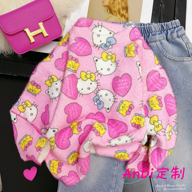 〖ANDI〗订制春季中大童新款女童卡通猫满印圆领毛衣3401