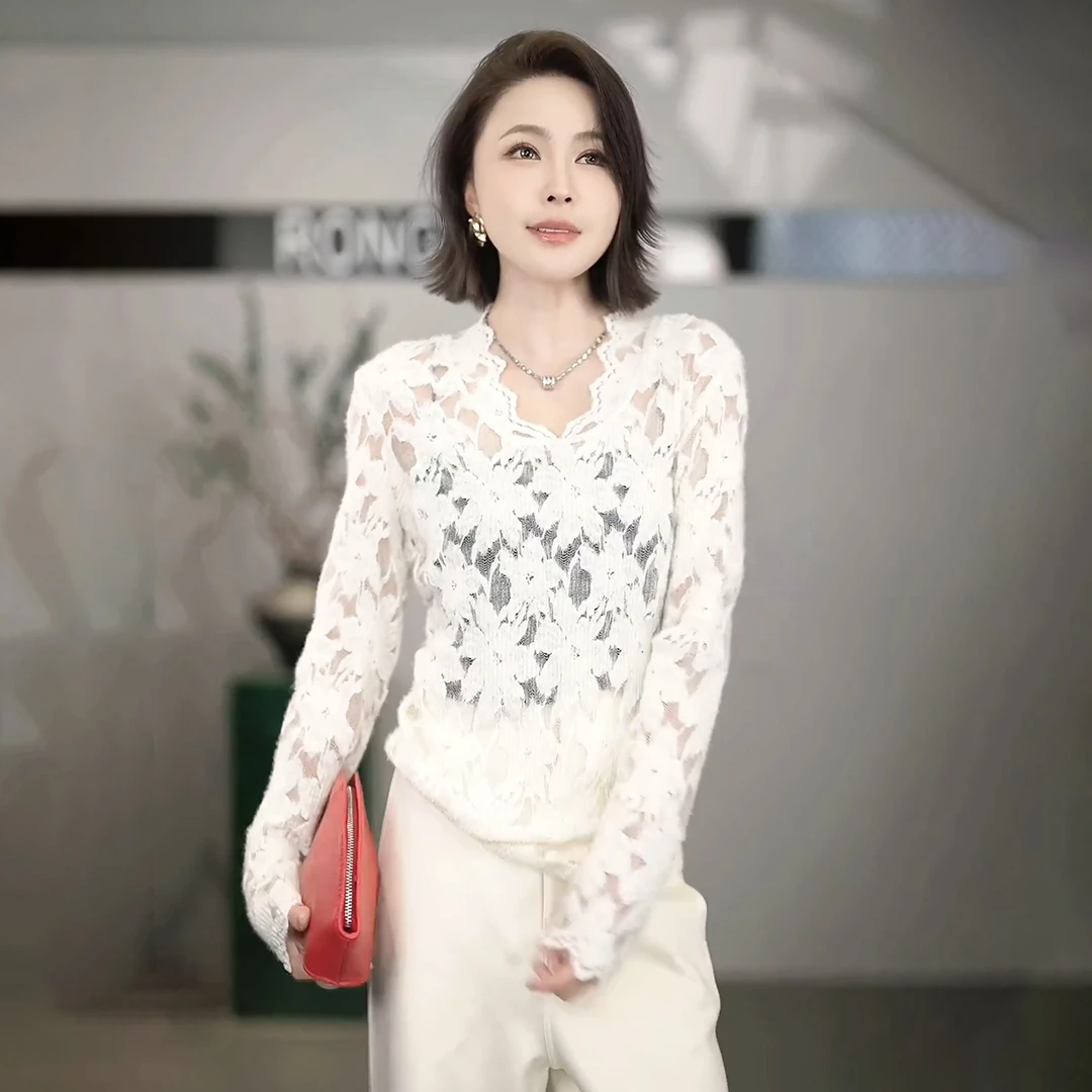 溶溶【月诗花笺】RONGRONG 波浪领重工镂空蕾丝法式浪漫风上衣ym017