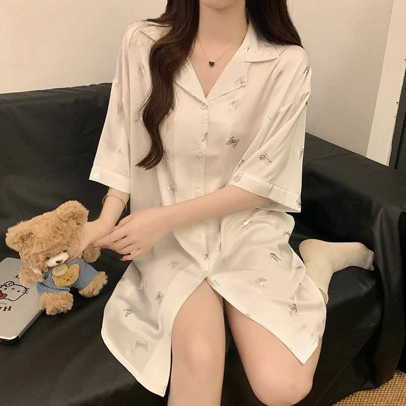 睡裙女款夏季2025新款冰丝纯欲风高级感奶白蝴蝶男友衬衫风睡衣裙