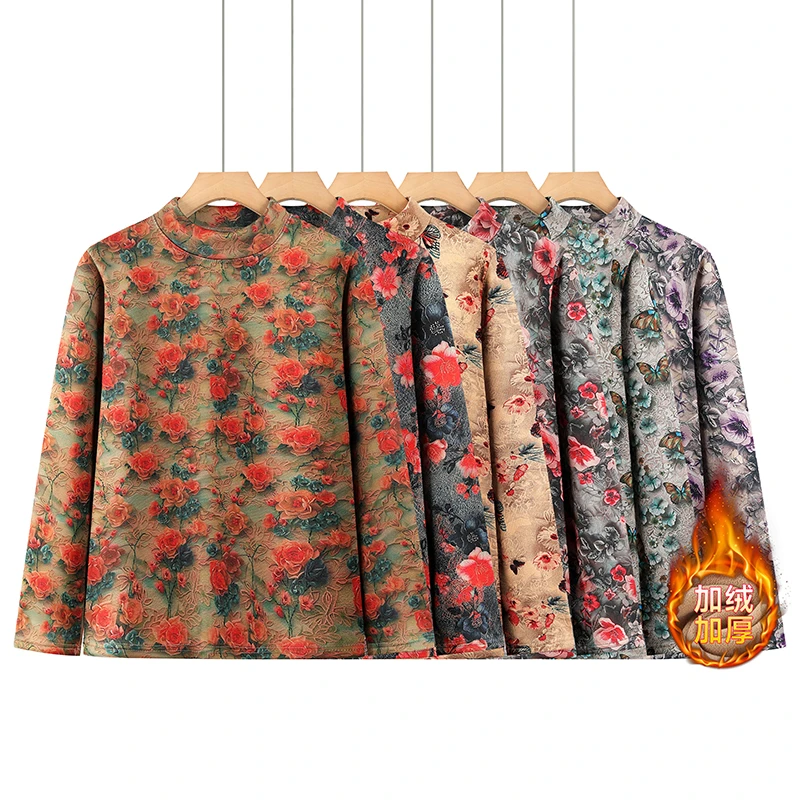 秋冬季保暖加绒加厚气质中老年女长袖上衣50-60岁宽松妈妈装衣服