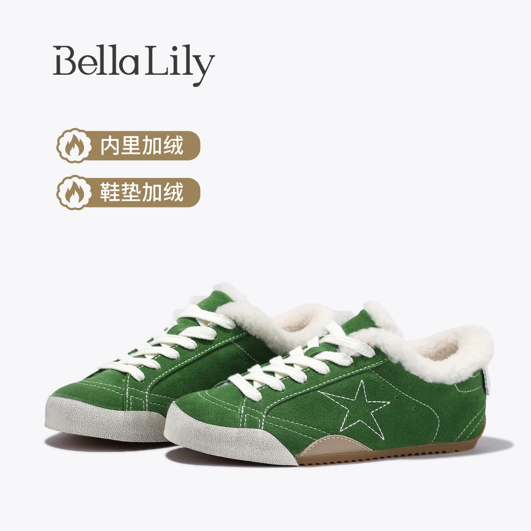 BellaLily冬季新款街头风加绒休闲板鞋做旧星星低帮鞋牛皮鞋