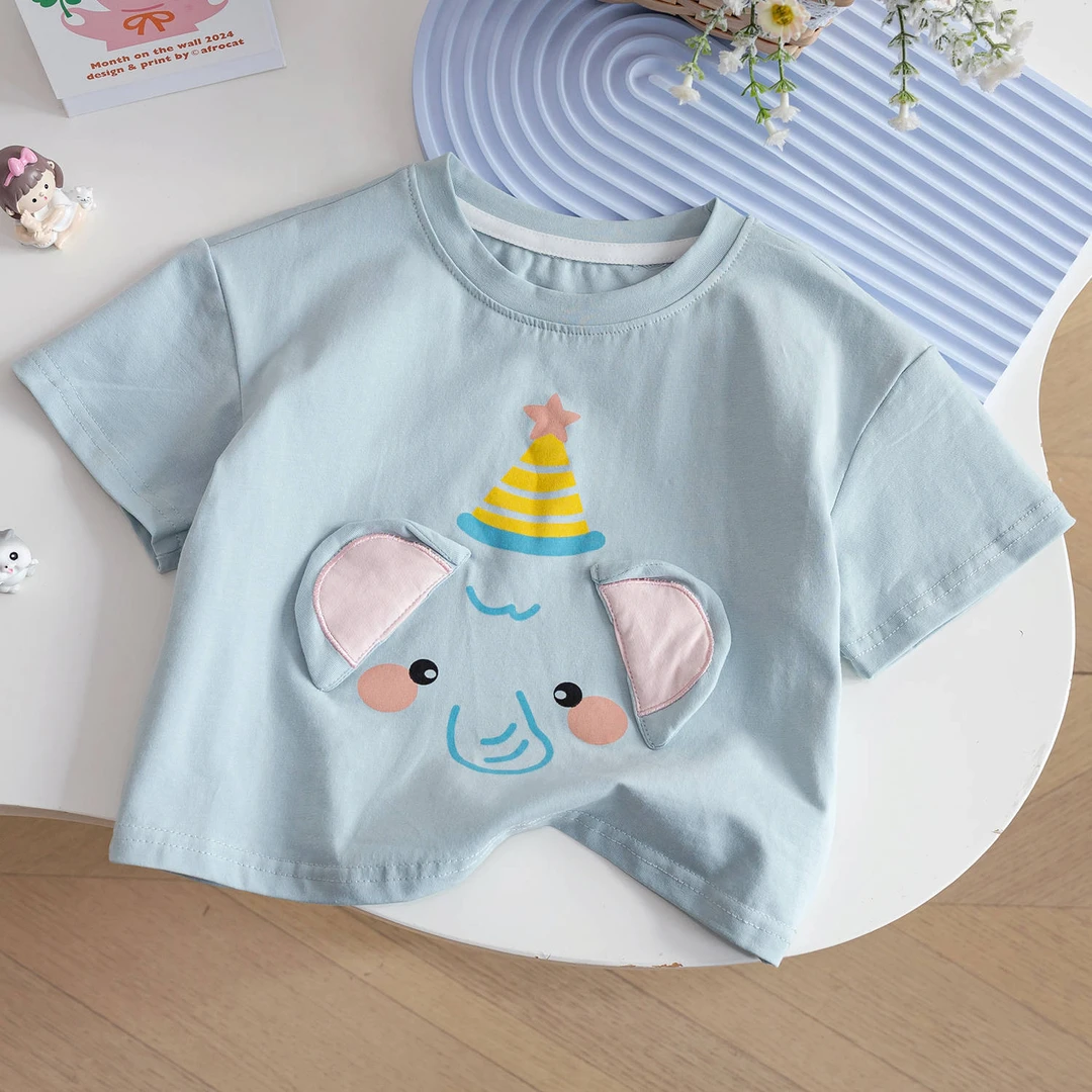 幼儿园夏日萌趣宝宝卡通百搭短袖t2025新款男女宝宝可爱小象打底t