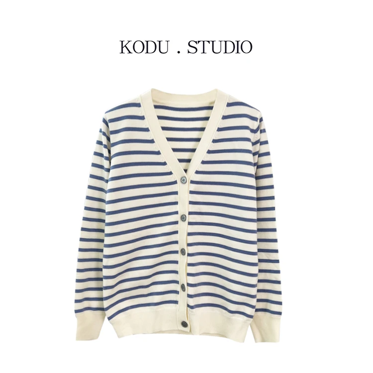 【刻度KODU】ZZ-3480春秋软糯V领慵懒风短款条纹撞色长袖针织开衫