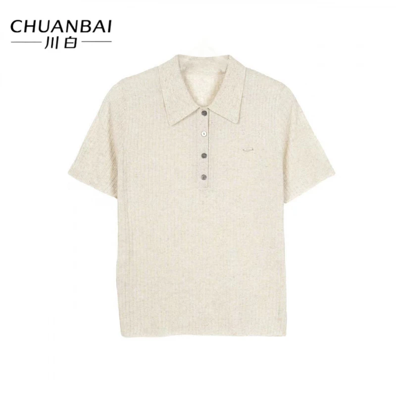 CHUANBAI 川白夏季时尚polo领花纱亚麻薄款气质针织短袖-80622