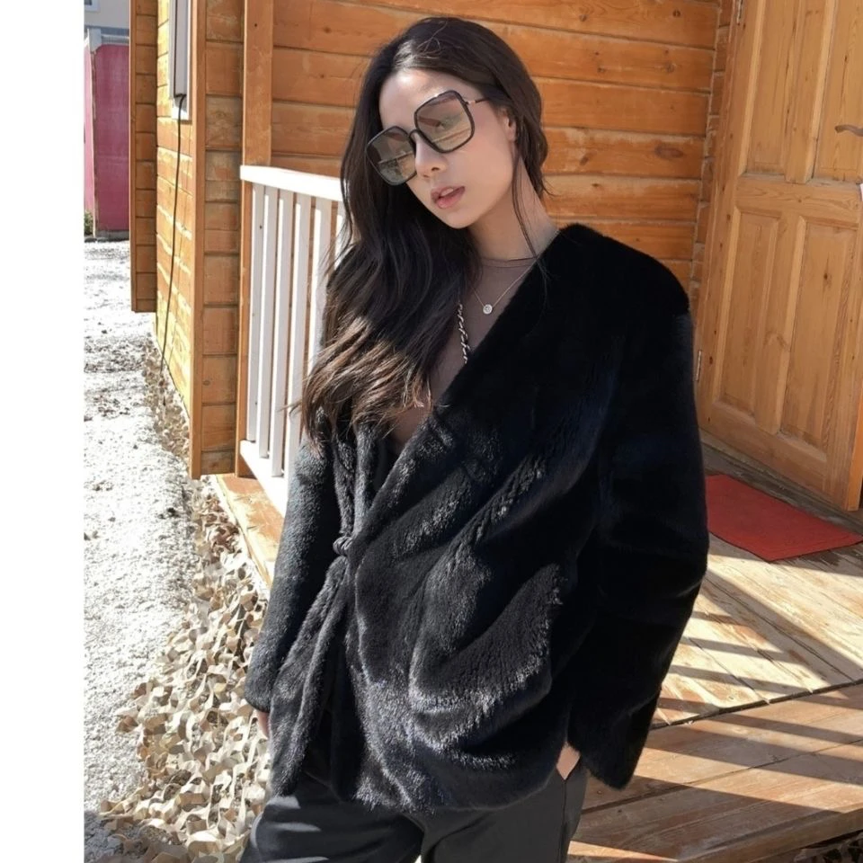 人造皮草 轻奢气质皮草复古侧钩女士仿貂毛皮草外套年轻款秋冬