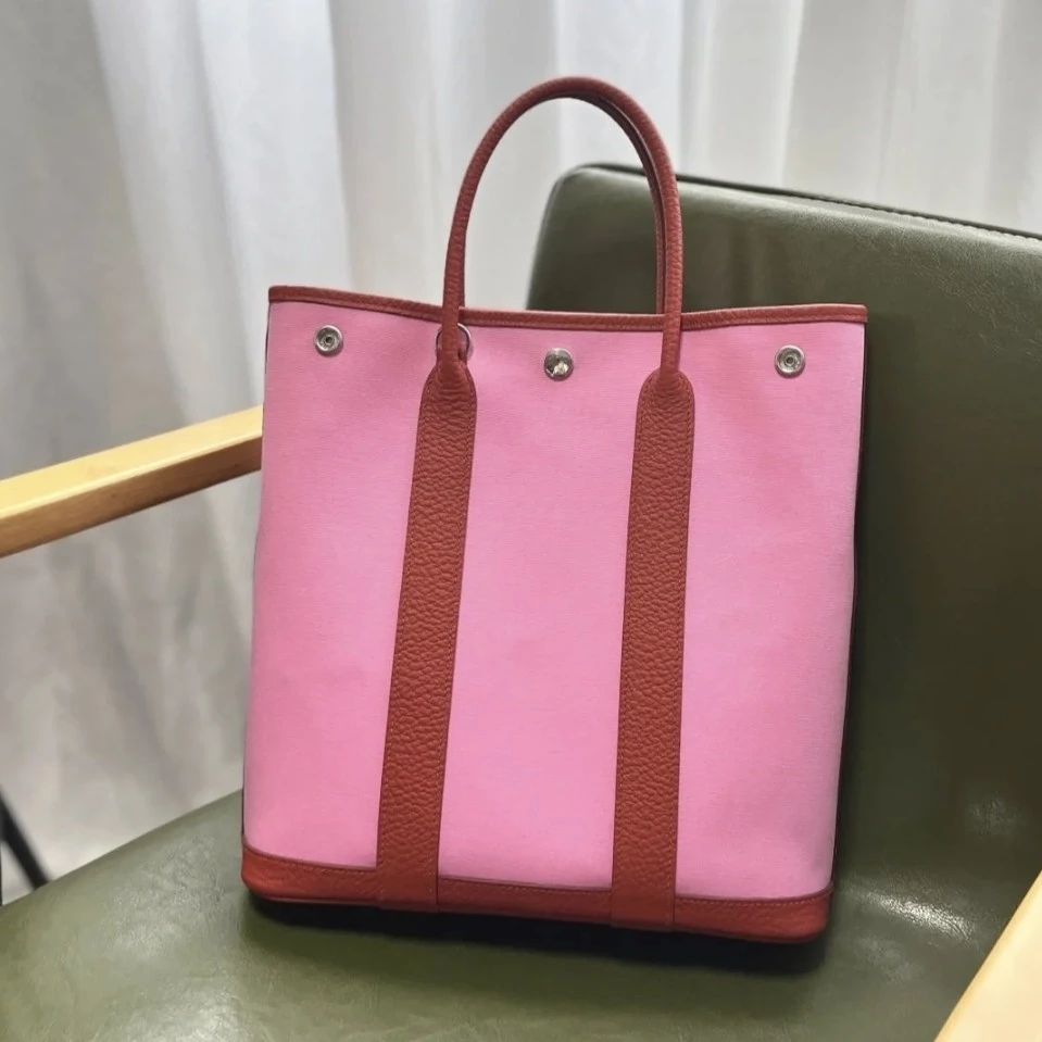 99新 Hermes/爱马仕 花园竖版樱花粉色帆布Y手提包