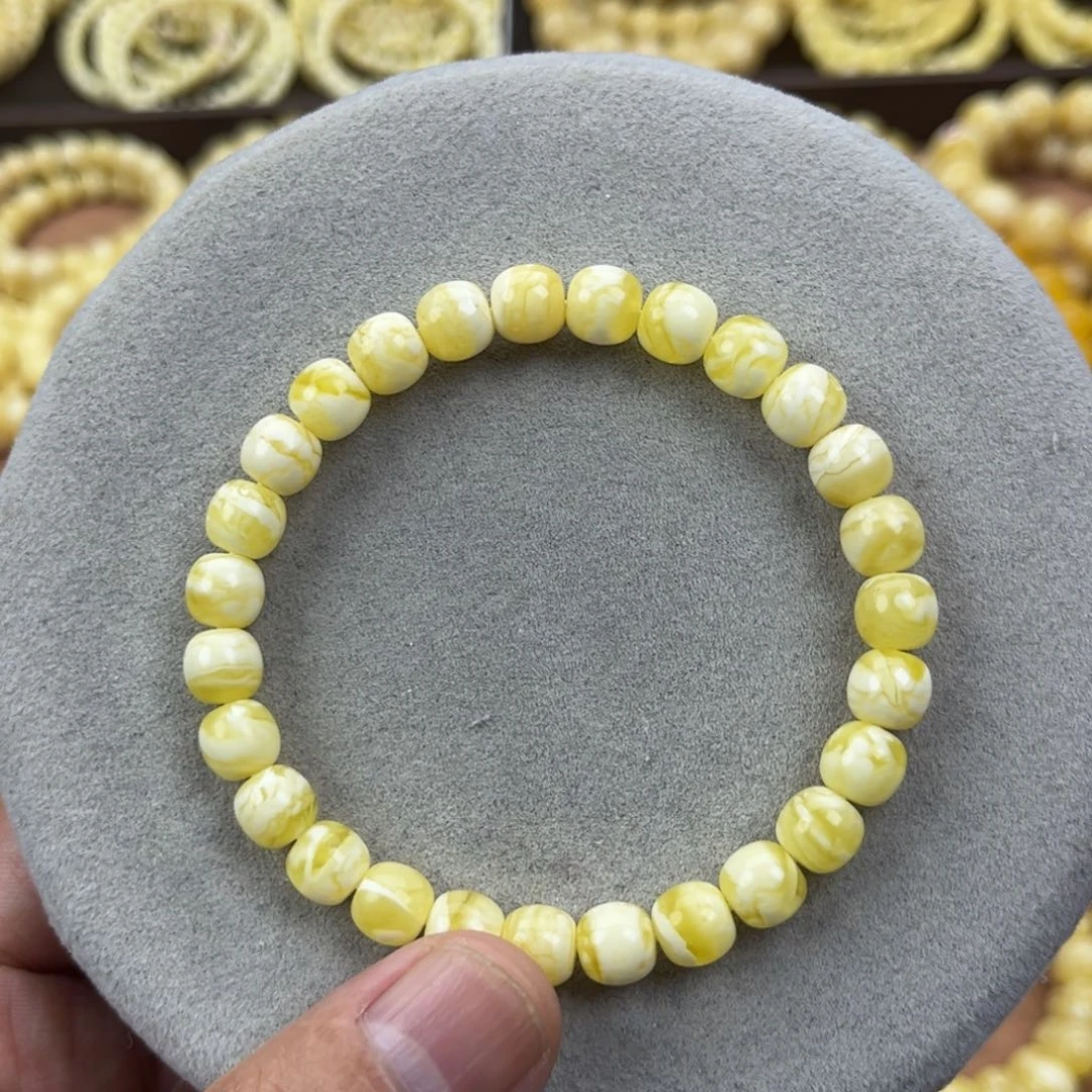 手串蜜蜡未镶嵌纯天然俄料瓷白花虎皮8*7.5；腕口18+