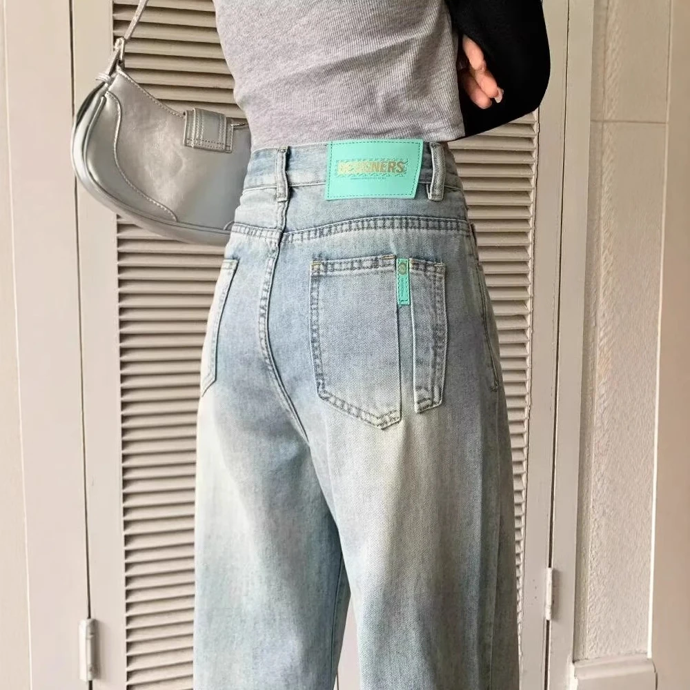 撞色阔腿牛仔裤女2025年春秋新款设计感高腰显瘦修身窄版直筒裤in