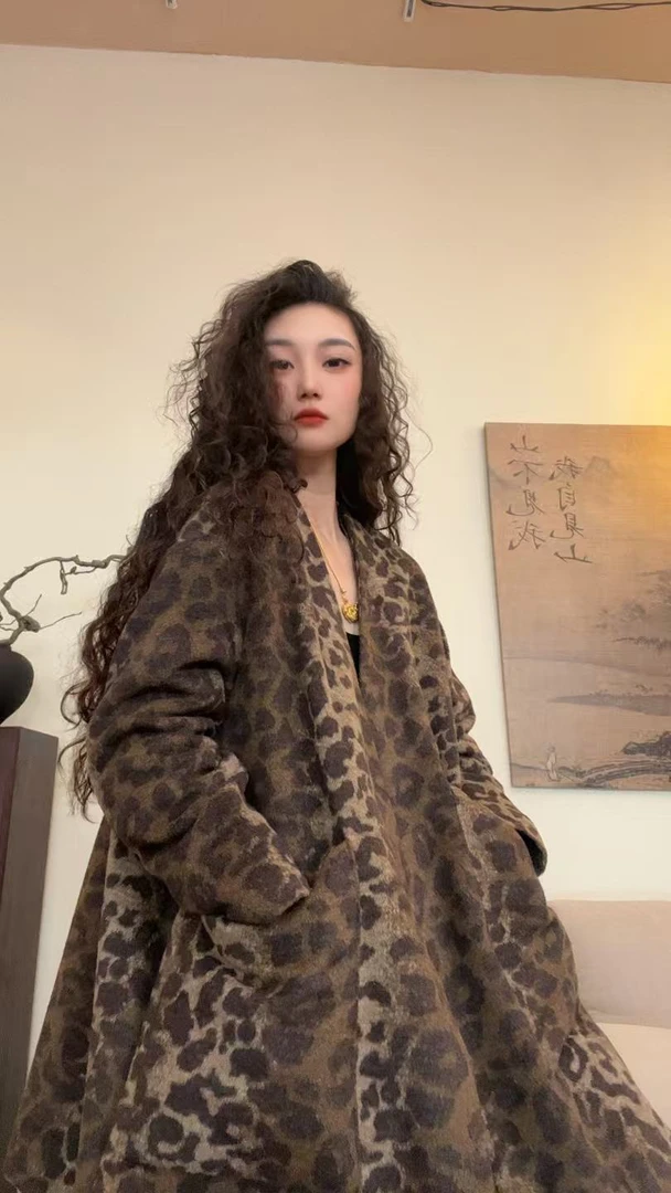 museguhui/木色古汇2368#秋冬自制加棉毛呢时尚豹纹外套