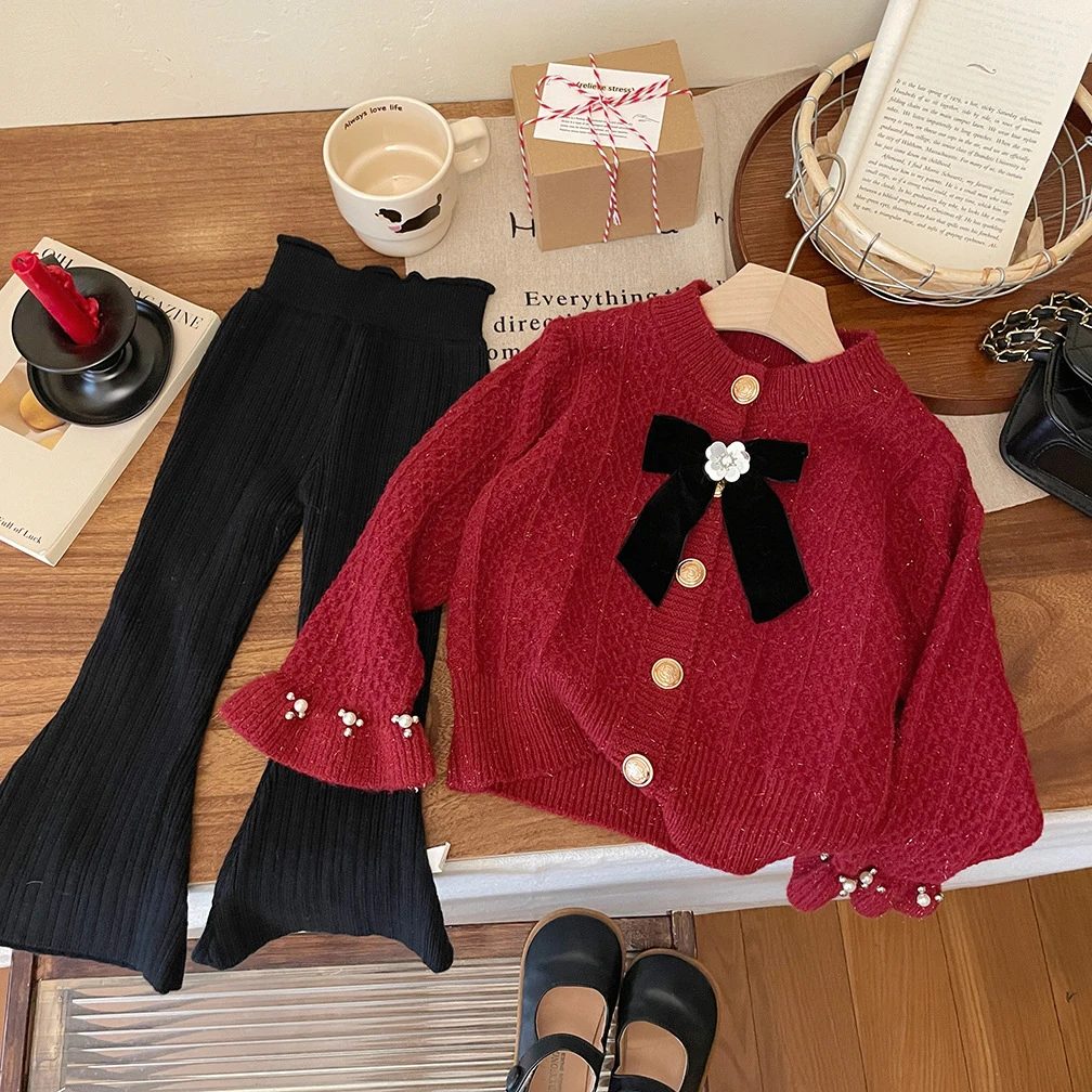 女童复古针织毛衣2025春秋新款红色童装外套小女孩保暖开衫上衣潮