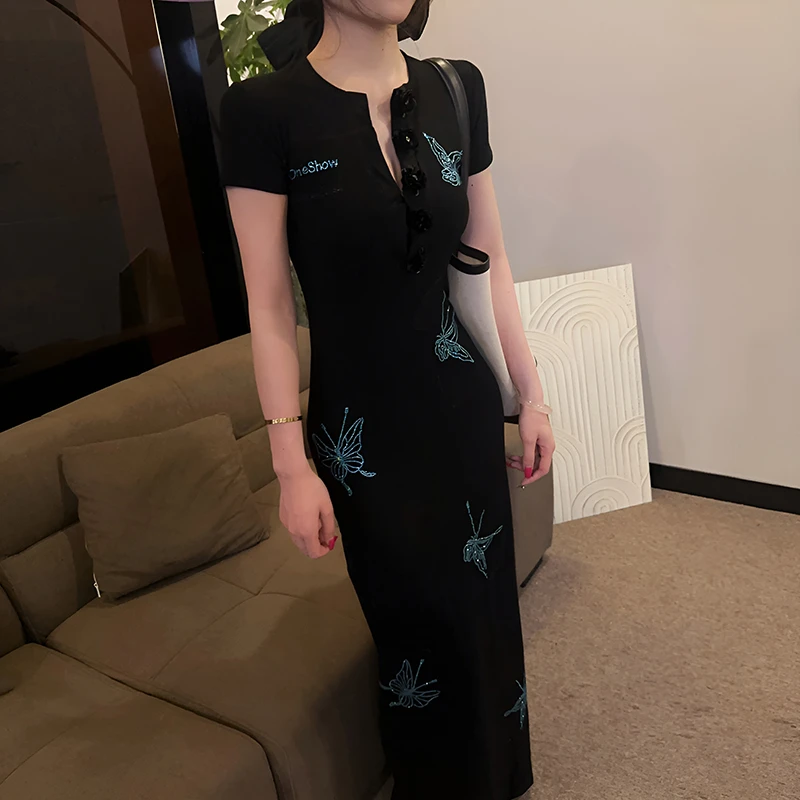 高端精致气质蝴蝶收腰连衣裙2025夏季新款性感修身名媛长裙子女装
