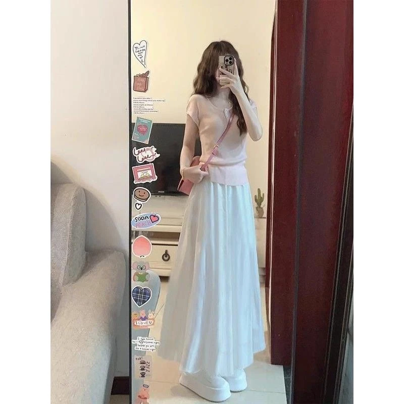 小众穿搭抽褶半身裙春夏2025设计感拼接垂感百搭大摆a字裙女显瘦