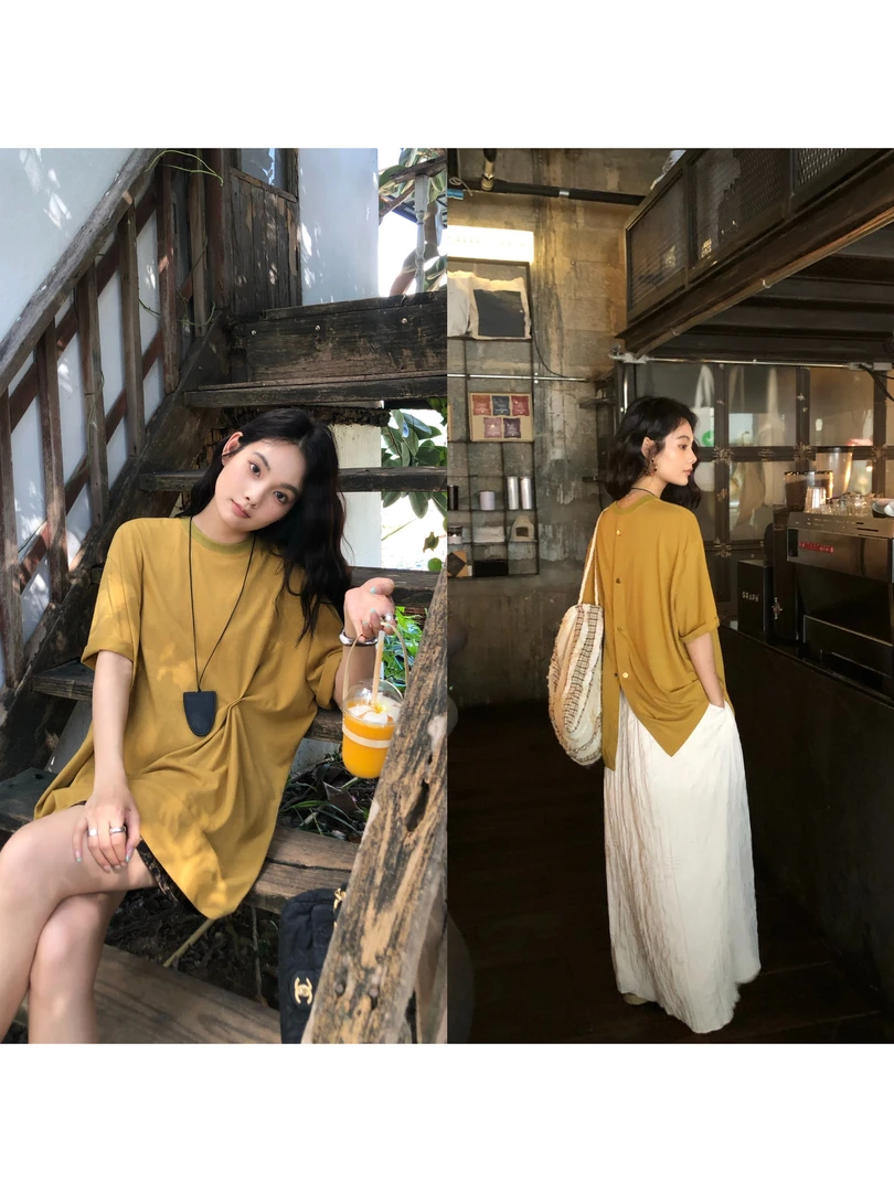 任小艺 4/27新品 手工定位褶后中开扣圆领宽松慵懒短袖T恤上衣女