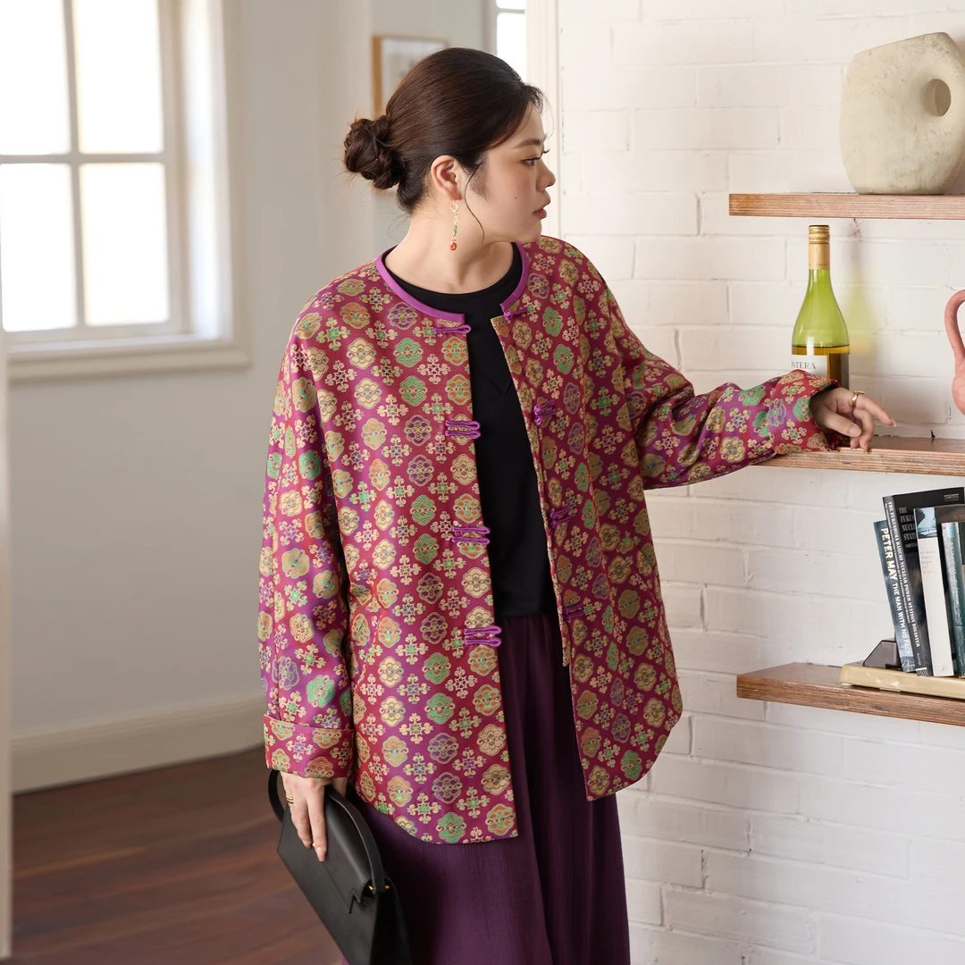 美丽客栈提花色织人丝外套2025新款大码女装胖mm高级感国风棉衣女