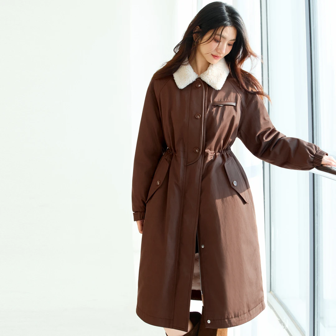 蒋欣代言伊芙丽拼接毛领长抽绳羽绒外套2025冬季新款1GA980211