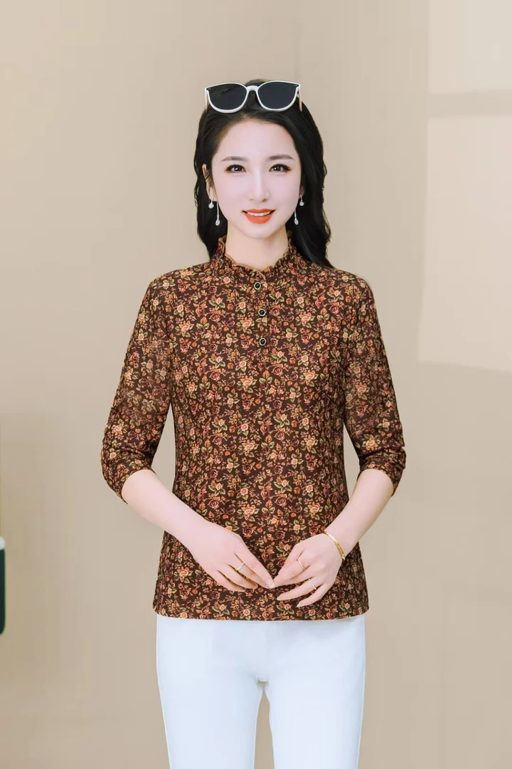 中老年女装牛奶丝荷叶领碎花打底衫妈妈装洋气长袖T恤