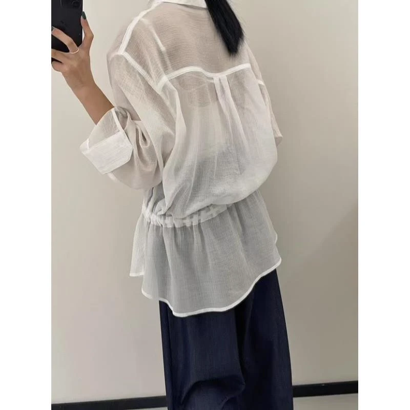 小雅姐姐 韩系简约翻领排扣抽绳腰休闲长袖衬衫IW05