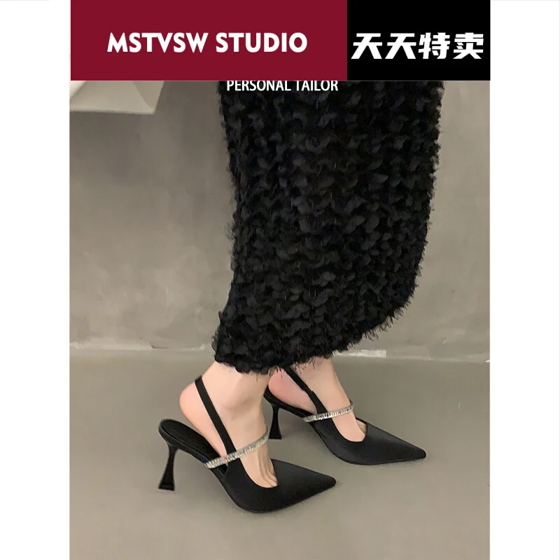 娅馆黑色高跟鞋女细跟2025新款尖头包头凉鞋配裙子法式玛丽珍单鞋
