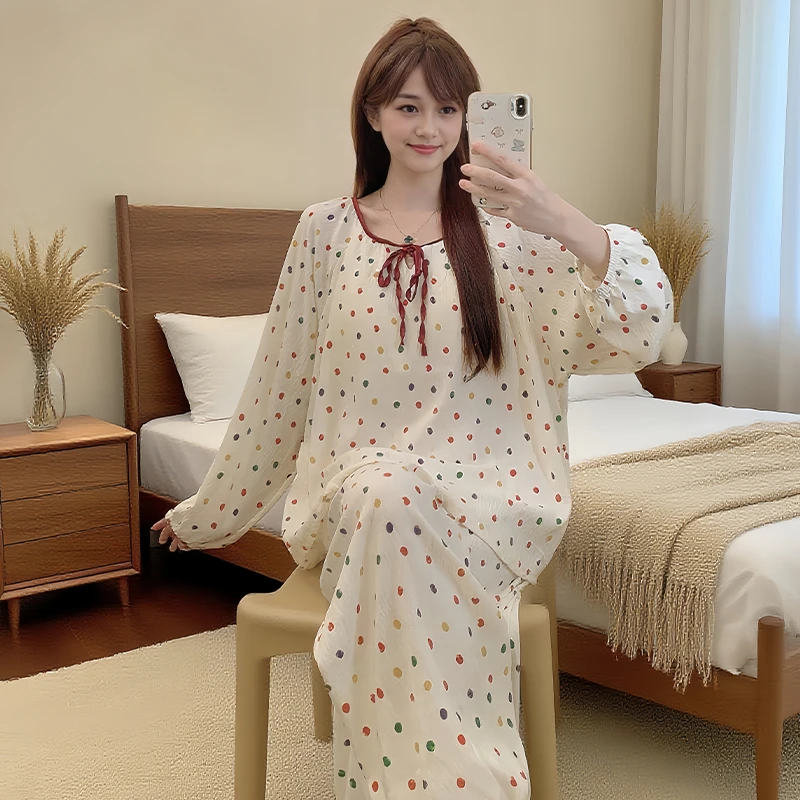 带胸垫睡衣女春秋季2025新款彩色波点休闲可外穿家居服套装