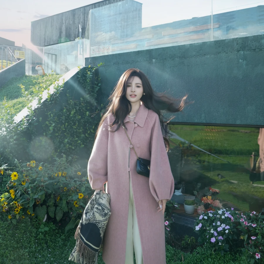 伊迪卡双面羊毛大衣长款娃娃领宽松气质百搭韩系秋冬新款