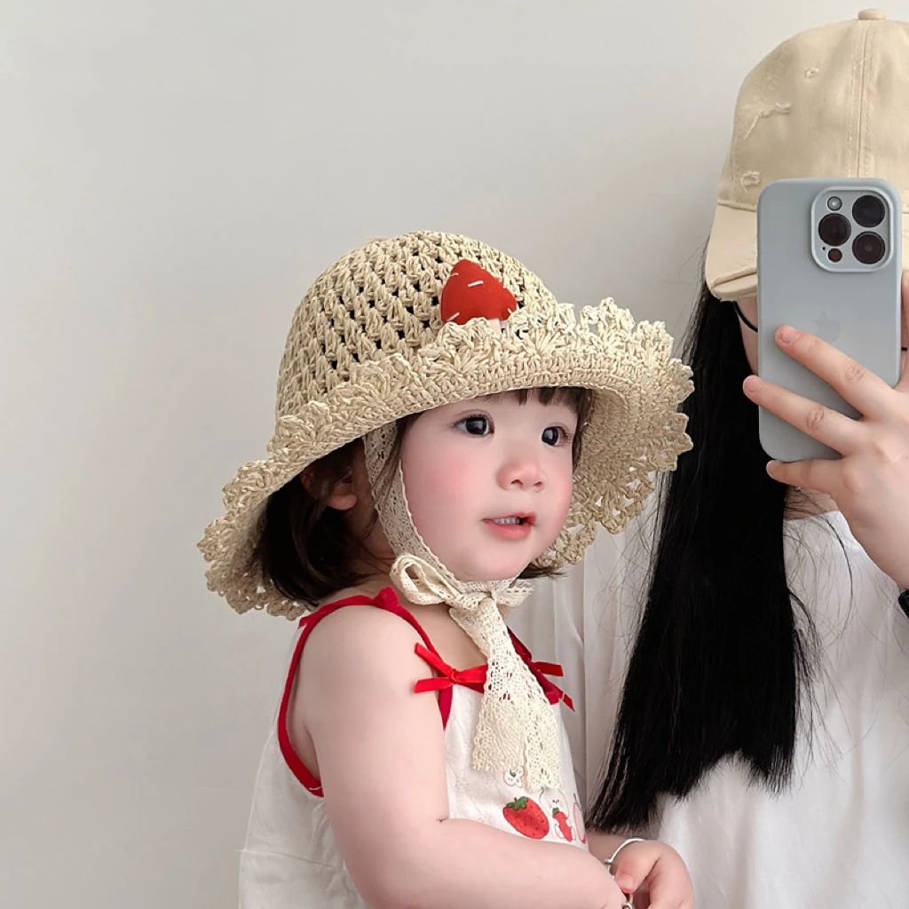 【小布丁】儿童帽子夏季遮阳防晒镂空编织草帽女宝宝出游沙滩渔夫帽