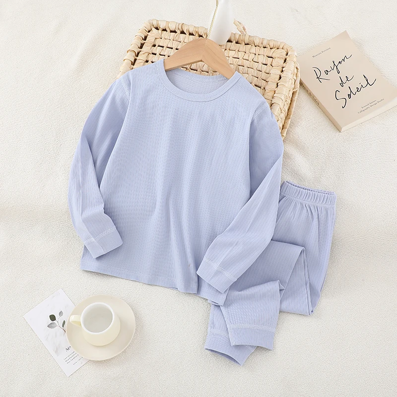 251001蓝色男女童天丝莱赛尔家居服秋衣秋裤内衣套装长袖圆领儿童