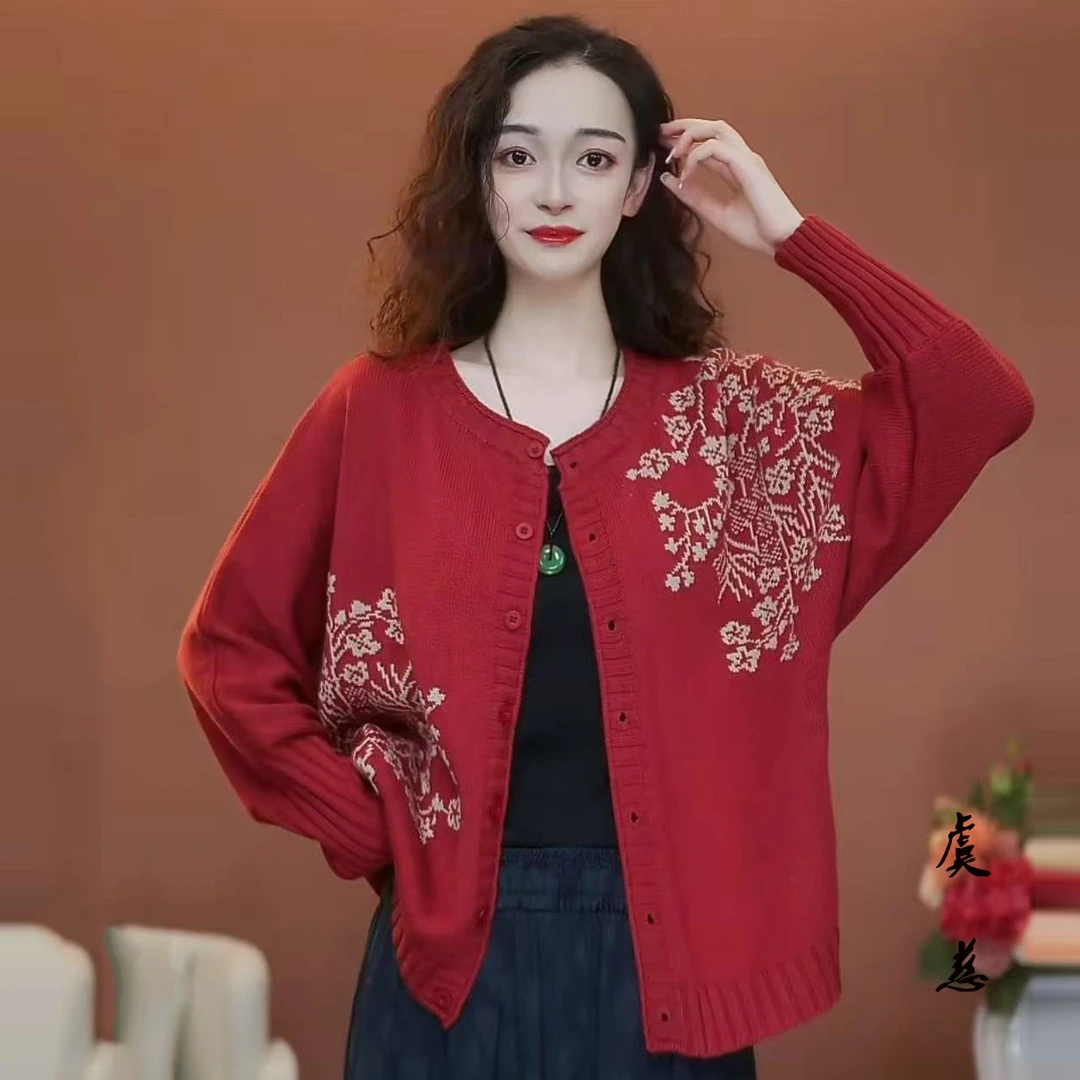 【虞慈】MY091秋冬新款洋气减龄圆领针织棉线开衫女织花长袖外套