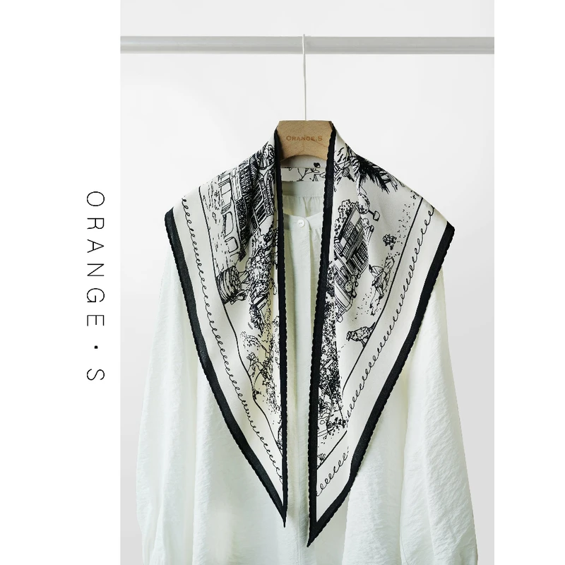 真丝双绉!【漫游巴黎·三角巾】素描画100%桑 蚕丝围巾丝巾女81cm