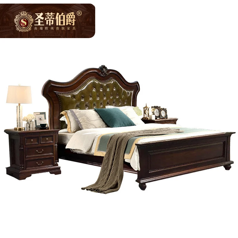 圣蒂豪华高端别墅床美式真皮实木床双人婚床1.8米软包轻奢简约