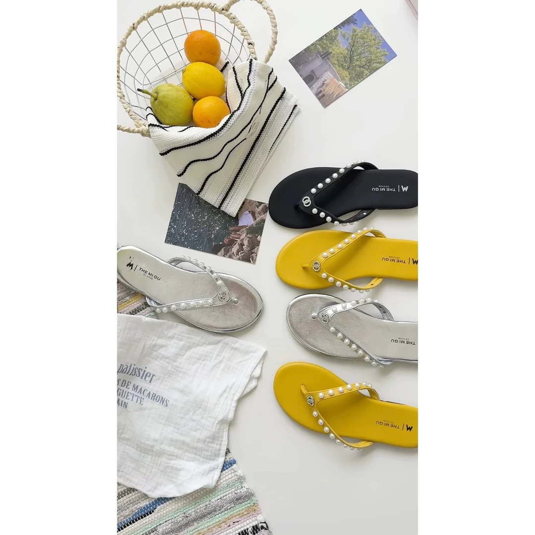 9020-2重工精致珍珠人字拖鞋夏季沙滩度假拖鞋拖鞋