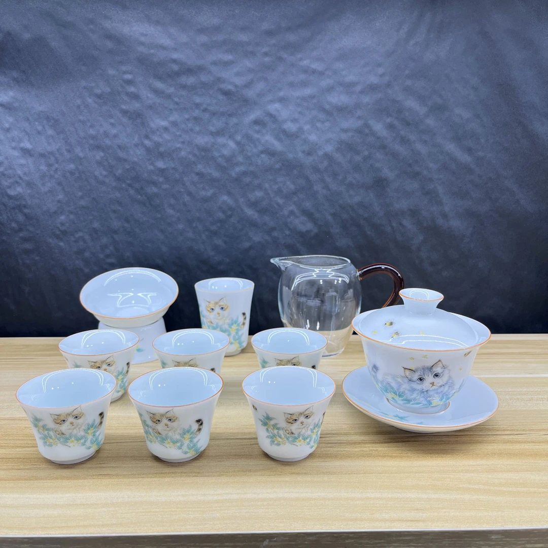 萌猫盖碗款11件套 羊脂玉瓷功夫茶具套装高档轻奢盖碗陶瓷泡茶杯