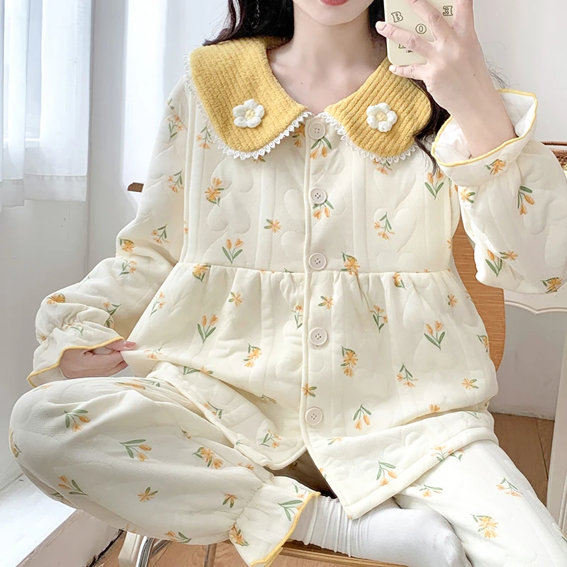 【秋冬-空气棉】月子服秋季产后纯棉夹层睡衣女哺乳喂奶孕妇家居服