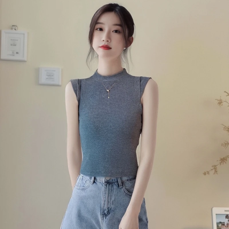 新款螺纹飞飞袖小高领吊带背心女修身设计感洋气百搭显瘦打底衫上