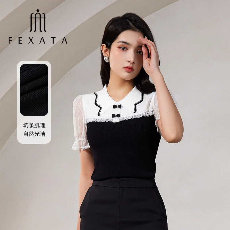 FEXATA斐格思上衣女2025夏季新品法式黑白撞色针织衫