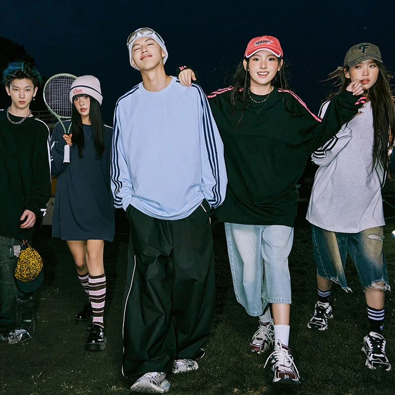 RICHDEER｜男女同款美式重磅三条杠条纹上衣纯棉基础长袖打底衫T恤