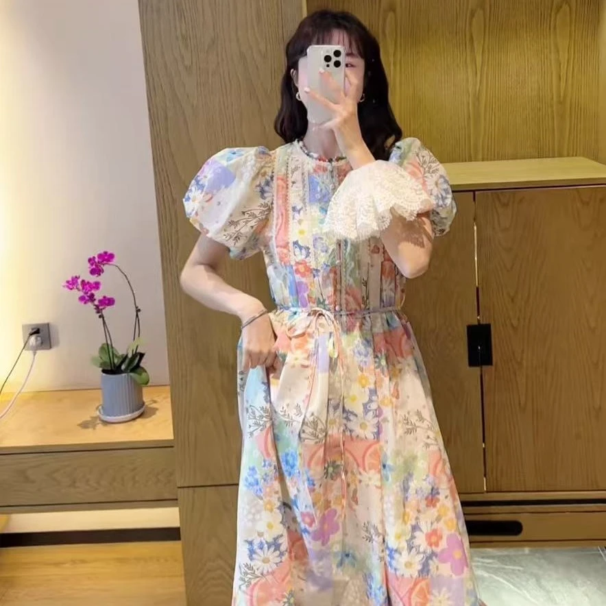 2025-9045法式复古碎花连衣裙风琴褶设计感小众仙气质显瘦长裙