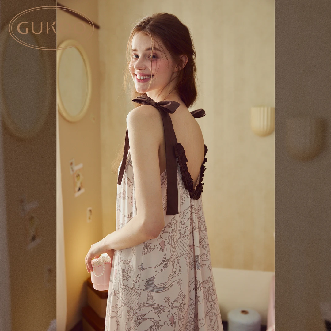 Gukoo/果壳【商场同款】甜美蝴蝶结花卉印花睡裙吊带裙女夏季新中式