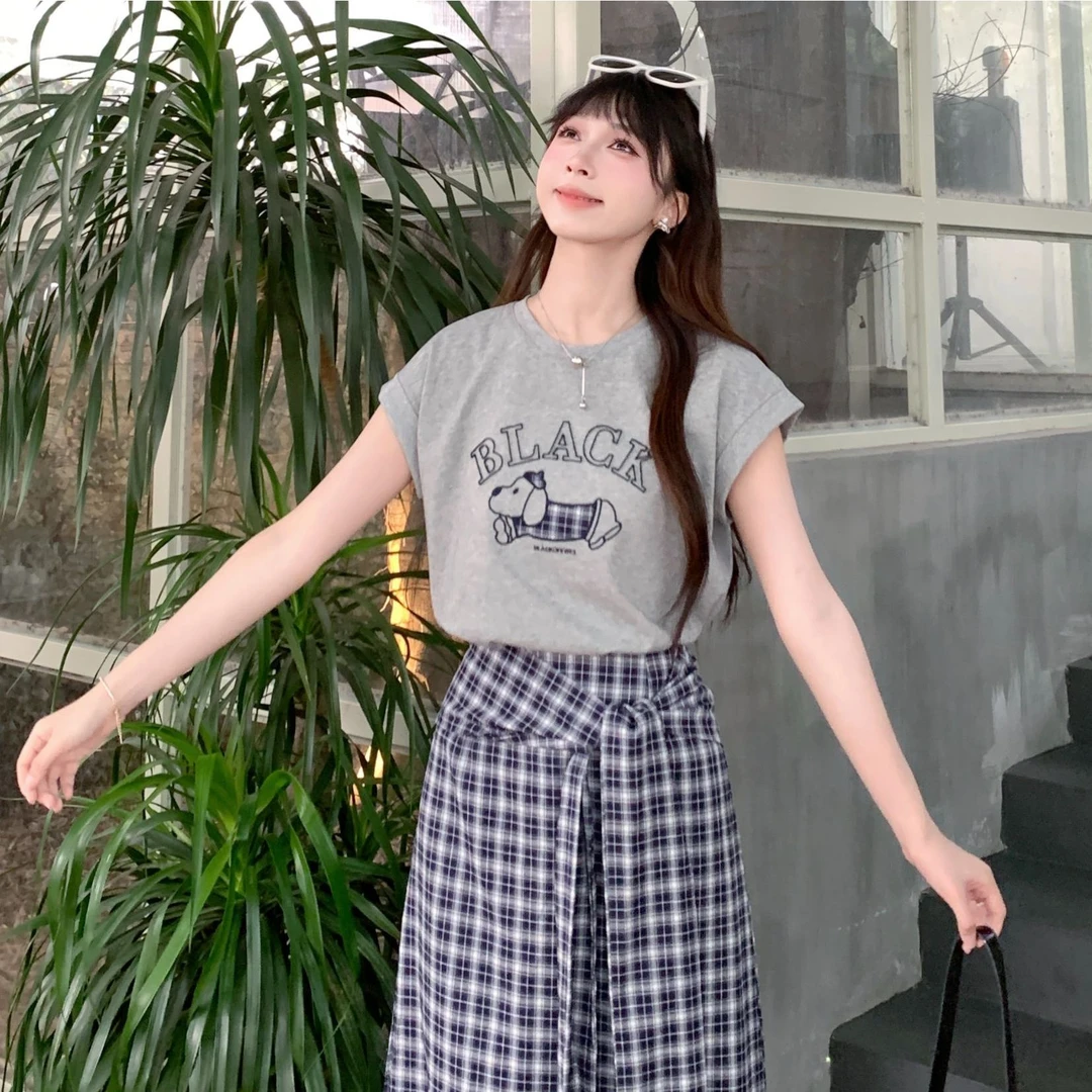 慕兔韩版卡通百搭宽松T恤配格子阔腿裤2025夏季新款百搭两件套装