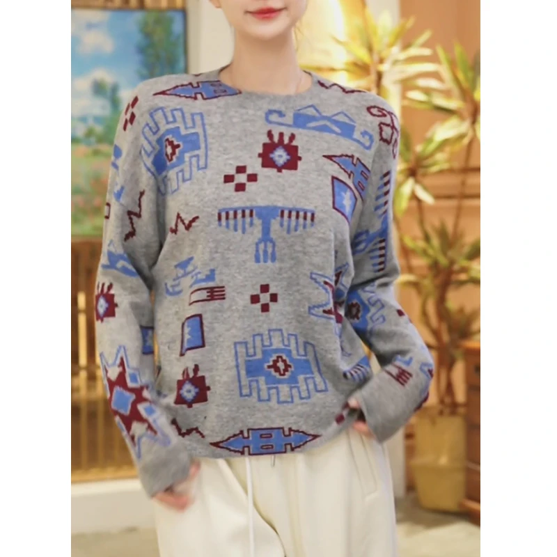 秋冬新款印花圆领长袖羊毛衫时尚减龄百搭针织毛衣女YM-251005