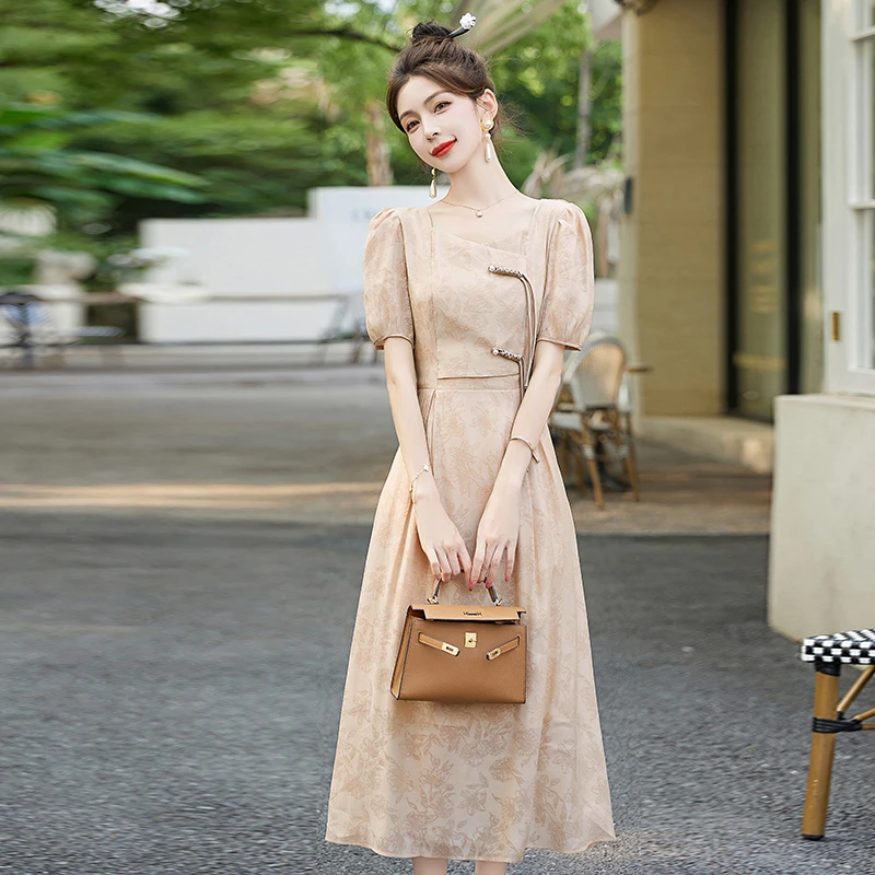 NYING中式连衣裙2025夏季高端名媛气质复古显瘦收腰盘扣国风