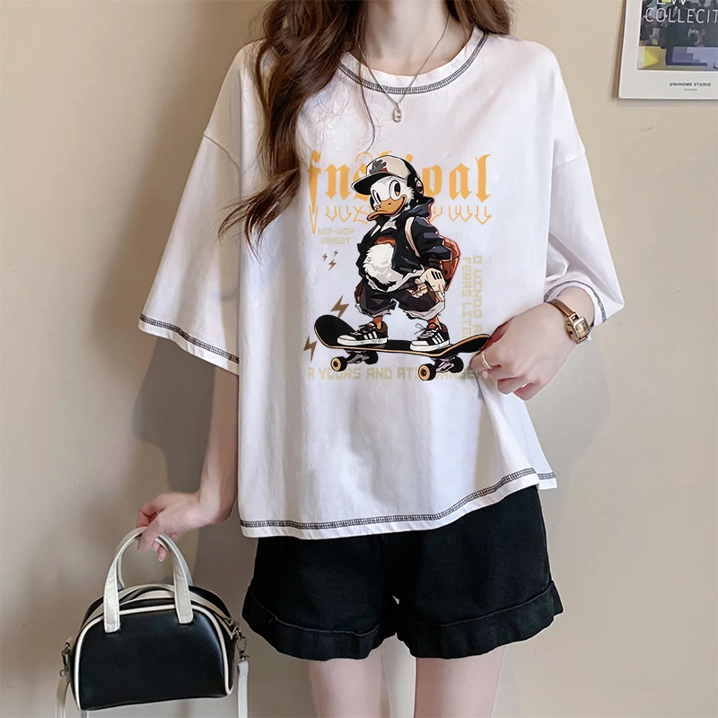 小个子短袖T恤女夏季爆款宽松卡通设计洋气百搭大码纯棉减龄上衣